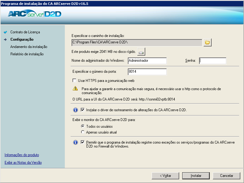 Caixa de diálogo de configuração