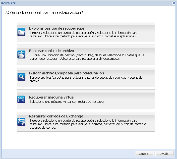 Cuadro de diálogo para seleccionar un método de restauración