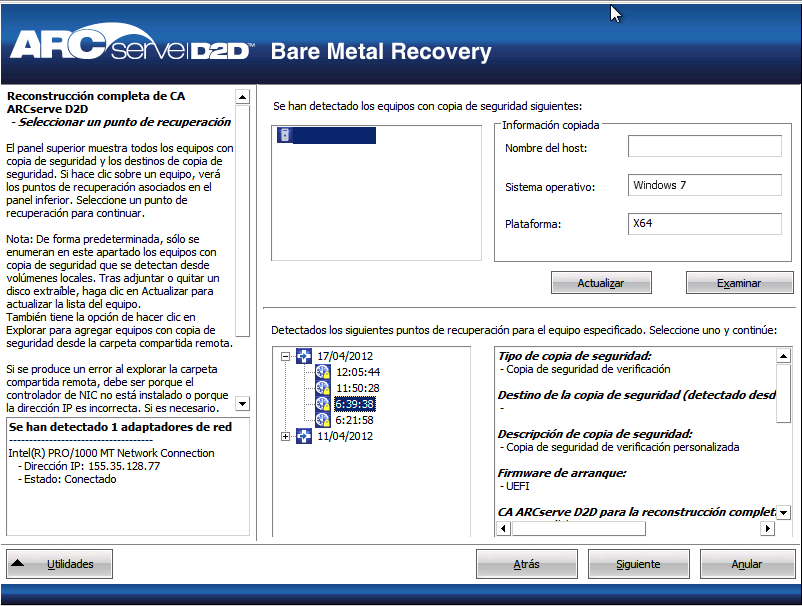 Reconstrucción completa - Especificar un punto de recuperación - Información rellenada.