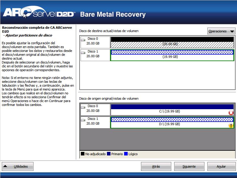 Reconstrucción completa - Cuadro de diálogo Ajustar particiones de disco.