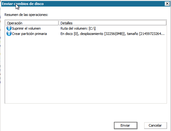 Reconstrucción completa - Cuadro de diálogo Enviar cambios de disco.