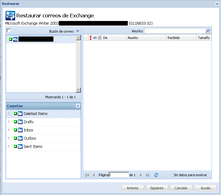 El cuadro de diálogo Restaurar correos de Exchange con detalles acerca de los campos.