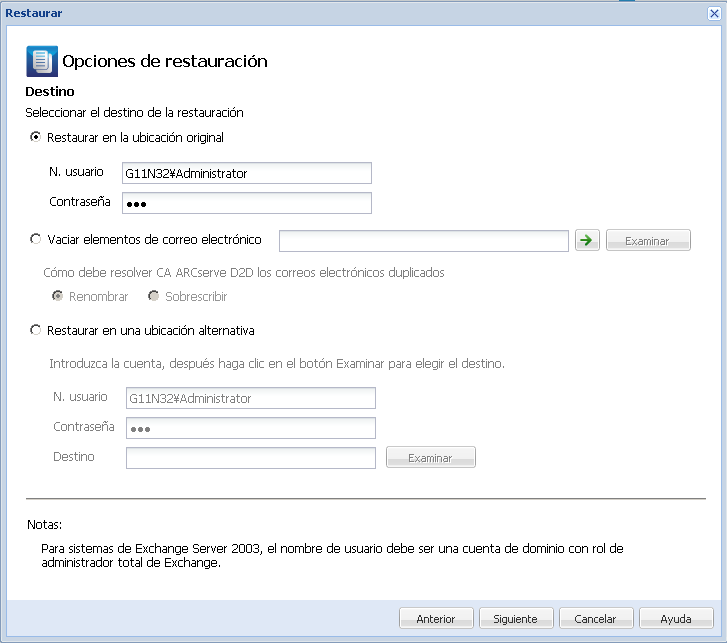 Cuadro de diálogo Opciones de restauración.