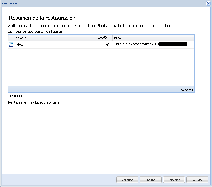 Cuadro de diálogo Resumen de la restauración.