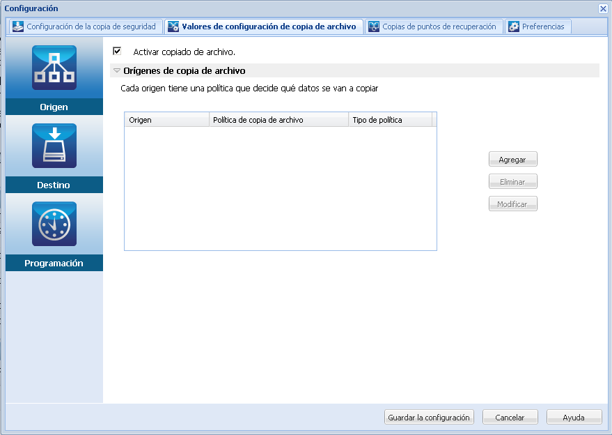 Valores de configuración de copia de archivo - Cuadro de diálogo Origen