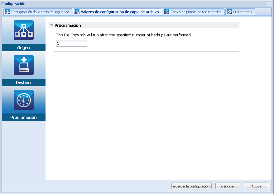 Valores de configuración de copia de archivo - Cuadro de diálogo Programación