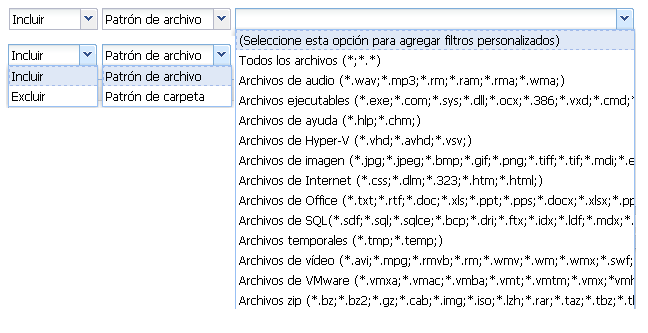 Desplegables de filtros de origen