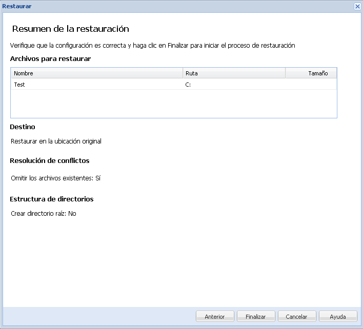 Este diagrama muestra las opciones disponibles en el cuadro de diálogo Resumen de la restauración