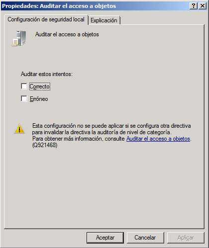 Cuadro de diálogo de propiedades de Auditar el acceso a objetos