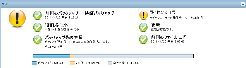 ホーム画面 - バックアップ ステータスの概要