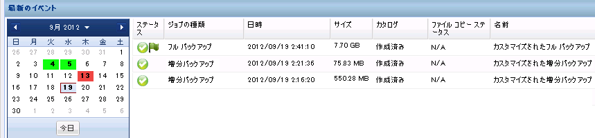 ホーム画面 - バックアップ履歴のサマリ