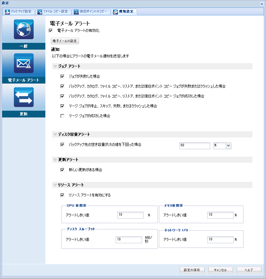 ［環境設定 - 電子メール アラート］ダイアログ ボックス