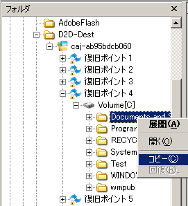 リストア D2D ビュー - ファイル/フォルダのリストア