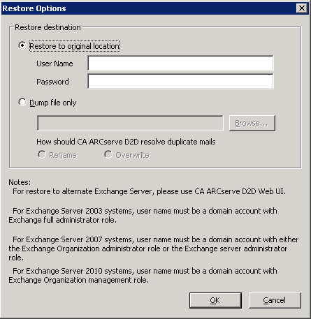 GRT Restore D2D View - Exchange Restore Options