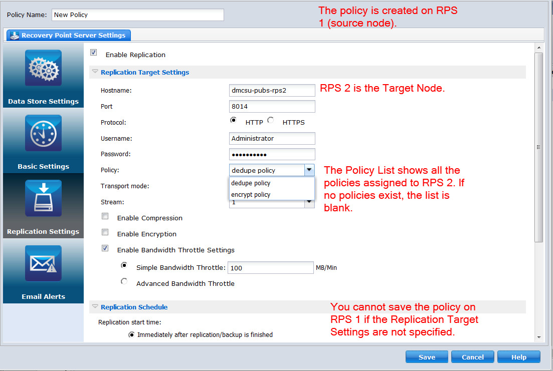 Enabling replication settings requires you to specify a target node and a policy assigned to that target.