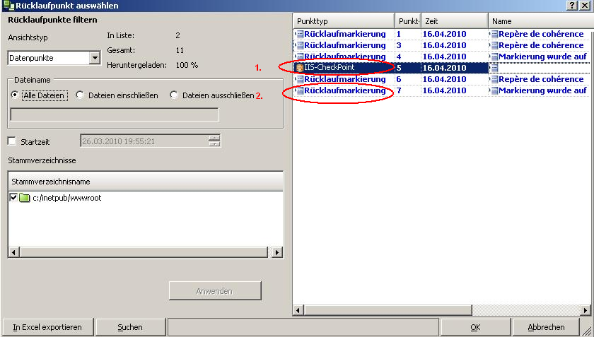 Rücklaufpunkte für IIS Server auswählen