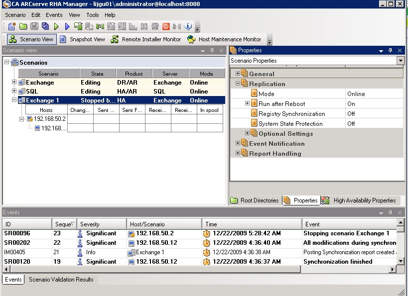 Properties tab for running Exchange scenario