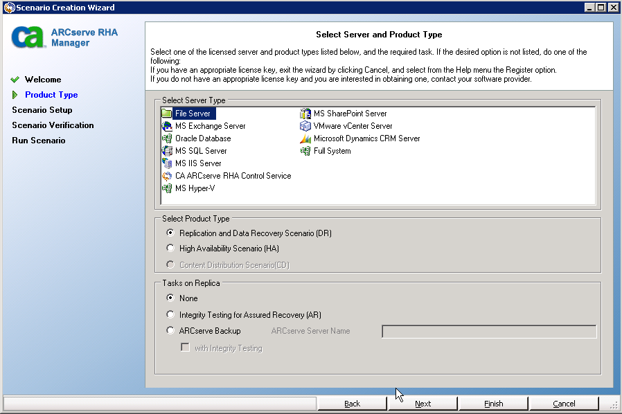 Choose an application type from the Select Server screen