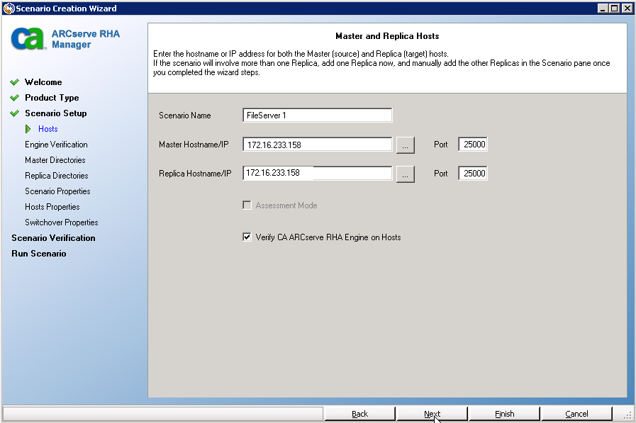 Specify the servers in a scenario on the Master and Replica Hosts screen