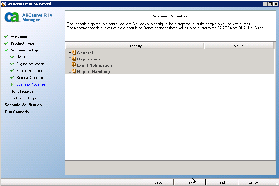 The scenario properties screen opens