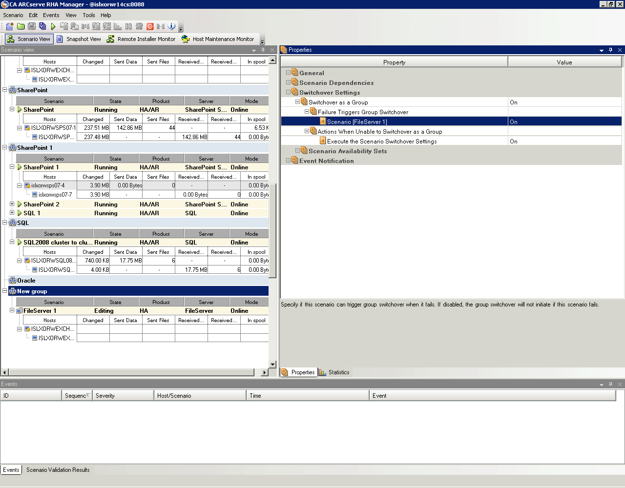 Set switchover options for all scenarios in the group