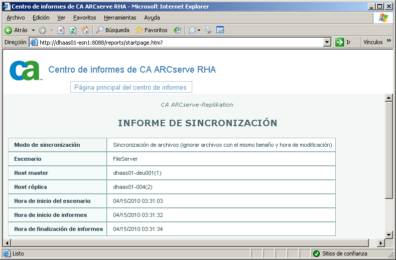 Página de sincronización de informes de RHA