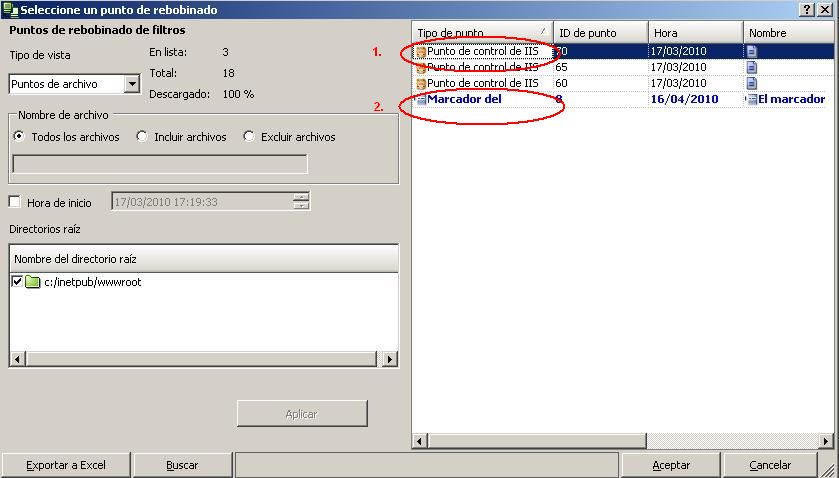 Selección de puntos de rebobinado para el servidor IIS