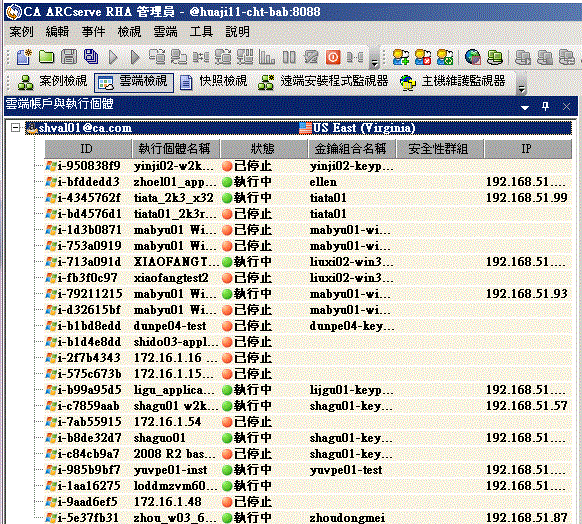 RHA 雲端檢視面板 (左窗格) 顯示 AWS 帳戶與執行個體