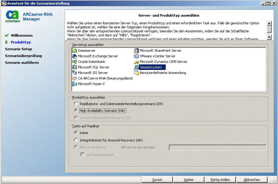 Assistent für die Szenarioerstellung - Fenster "Produkttyp auswählen"