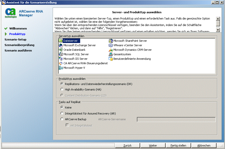 Wählen Sie einen Produkttyp für ein RHA-Cloud-DR-Szenario aus