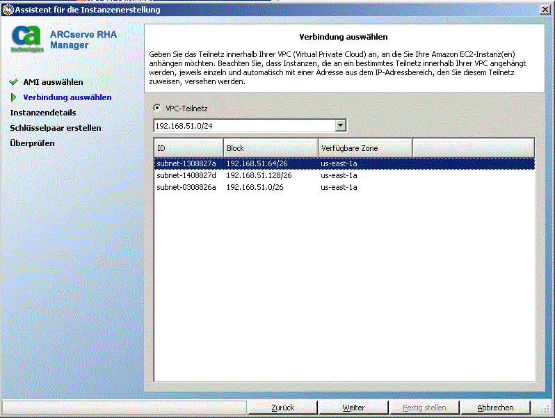 Wählen Sie das VPC-Teilnetz aus, um Instanzen anzuhängen