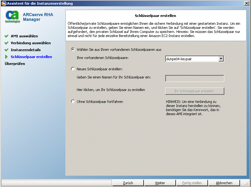 Erstellen Sie ein neues Schlüsselpaar oder wählen Sie ein vorhandenes Schlüsselpaar aus, um eine sichere Verbindung zur Instanz herzustellen