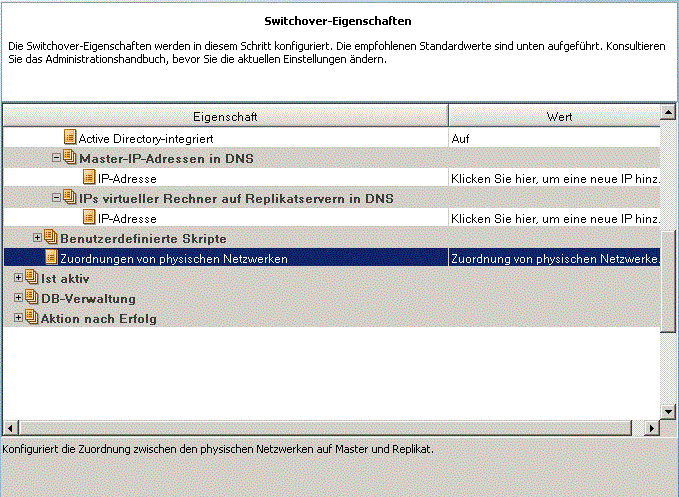 Beispiele für Cloud-Eigenschaften, die im Dialogfeld "Switchover-Eigenschaften" angegeben sind
