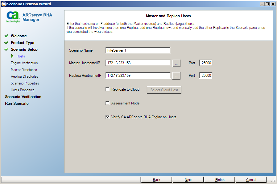 Specify the servers in a scenario on the Master and Replica Hosts screen