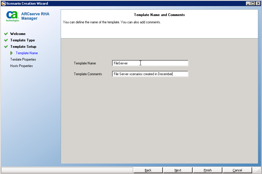The Template Name screen opens.