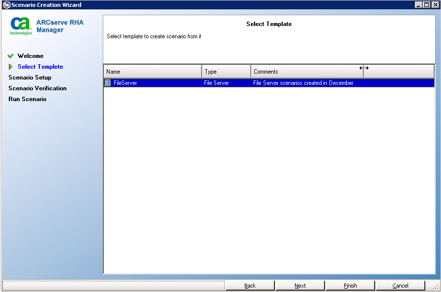 Select the template on which you wish to base this scenario