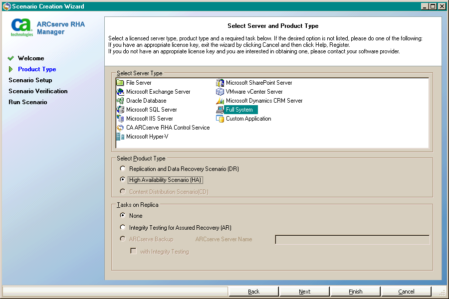 scenario creation wizard select product type screen