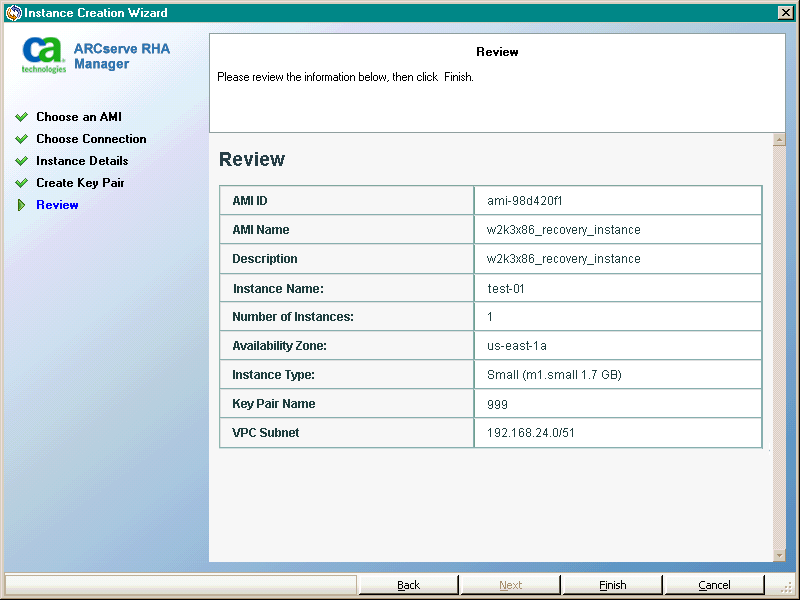 review your selections in the instance creation wizard