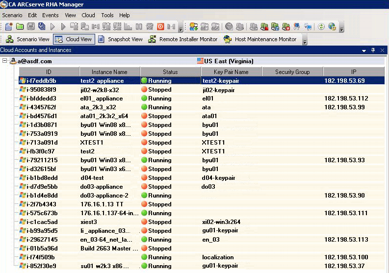 RHA Cloud View Panel_Left Pane showing AWS accounts and instances