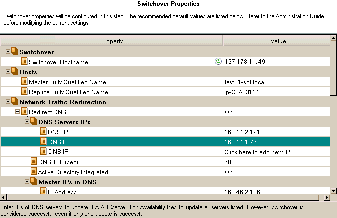 Example of cloud properties specified in the Switchover properties dialog