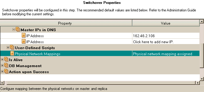 Example of cloud properties specified in the Switchover properties dialog