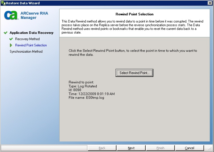 Rewind Point selection screen