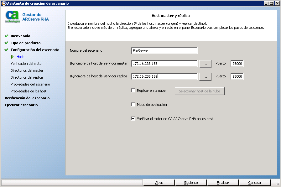 Especifique los servidores en un escenario en la pantalla de host de master y de réplica