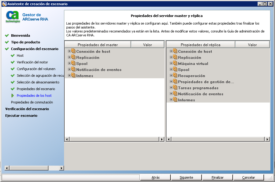 Se abre la pantalla Propiedades del servidor master y réplica