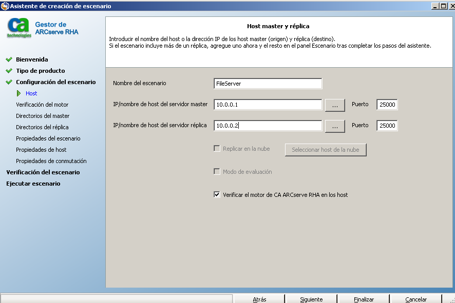 Especifique el host master y réplica