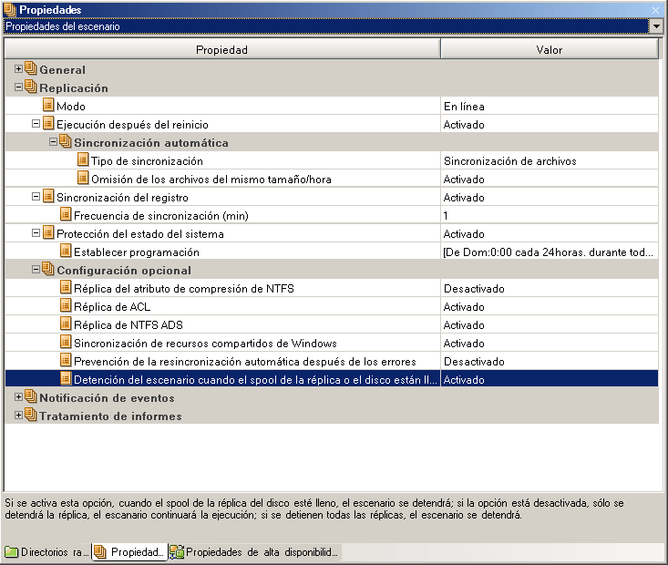 Detenga el escenario cuando el disco de réplica o el spool esté lleno