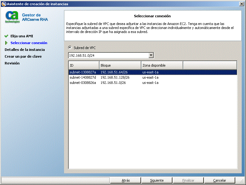 seleccione la subred de VPC para adjuntar instancias