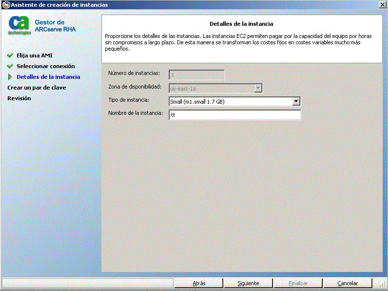 proporcione los detalles a la instancia de EC2 que desee utilizar