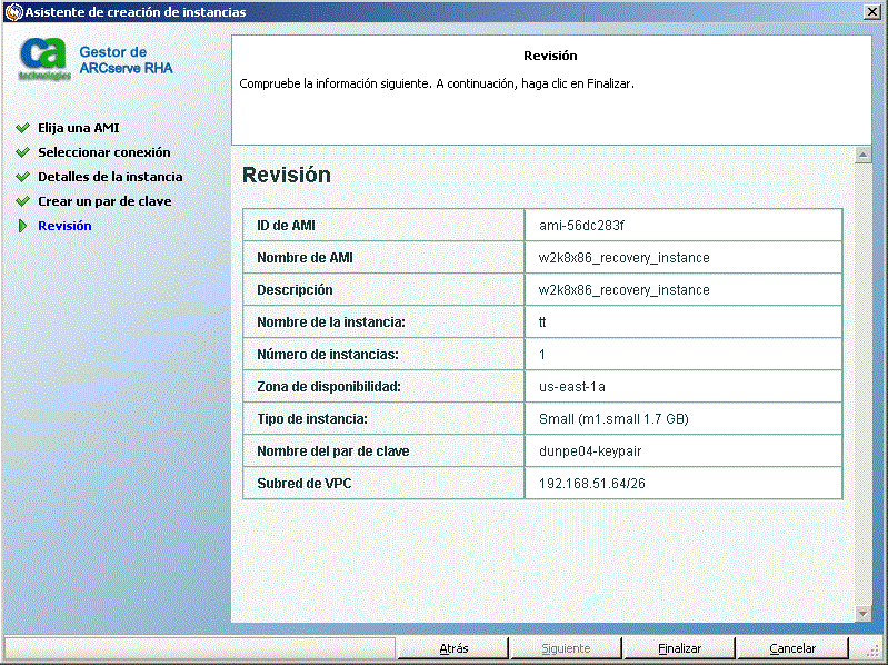 revise las selecciones en el asistente de creación de instancias