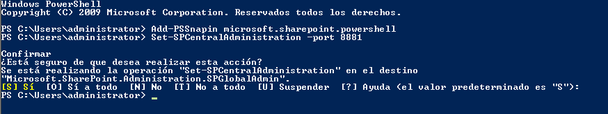 Interfaz de PowerShell que muestra la confirmación